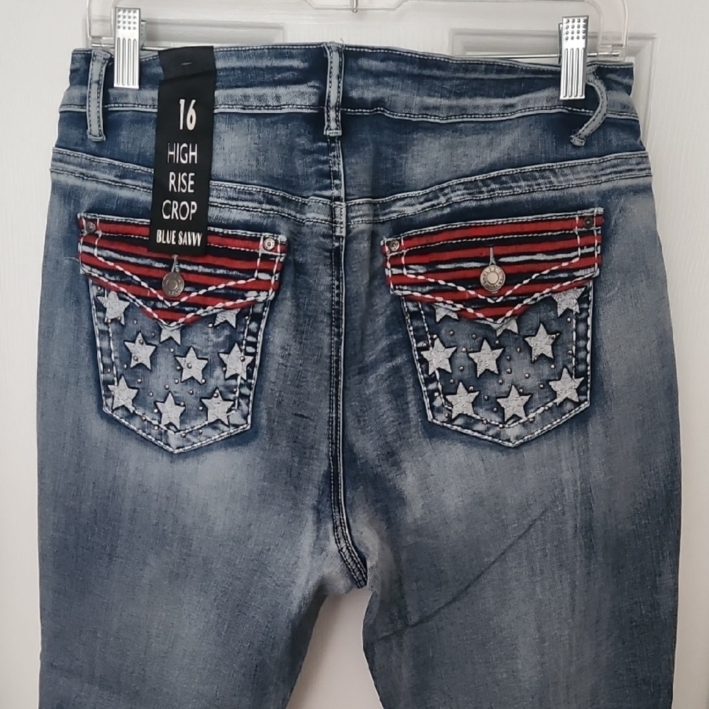 High Rise Blue and Red Jeans with Decorative Stitching